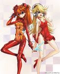  blonde_hair blue_eyes bodysuit breasts cleavage company_connection crossover dress evangelion:_2.0_you_can_(not)_advance gainax hand_on_ear headphones highres holding_hands long_hair multicolored multicolored_bodysuit multicolored_clothes multiple_girls nail_polish neon_genesis_evangelion no_panties orange_bodysuit orange_hair panties panties_around_one_leg panty_&amp;_stocking_with_garterbelt panty_(psg) plugsuit por rebuild_of_evangelion red_bodysuit red_dress red_nails shikinami_asuka_langley skin_tight small_breasts souryuu_asuka_langley test_plugsuit underwear 