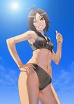  abs antenna_hair armpits black_eyes black_hair brown_eyes cozy day from_below grin hand_on_hip idolmaster idolmaster_(classic) idolmaster_2 kikuchi_makoto navel one_eye_closed short_hair sky smile solo sports_bikini sun teeth thumbs_up zipper 