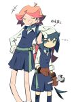  2girls amanda_o&#039;neill ankle_socks arrcticc_fish black_hair blue_dress blue_eyes closed_eyes constanze_amalie_von_braunschbank-albrechtsberger dress gloves holding holding_wrench jitome leaning_on_person little_witch_academia looking_at_viewer luna_nova_school_uniform multiple_girls red_gloves red_hair school_uniform shirt short_hair simple_background socks standing thick_eyebrows white_background white_shirt witch wrench 