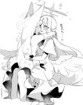  2girls @_@ animal_ears arms_around_neck blue_archive blush capelet detached_sleeves dress extra_ears face-to-face feathered_wings full-face_blush greyscale hug long_hair low_wings mika_(blue_archive) monochrome multiple_girls mutual_hug scrunchie seia_(blue_archive) simple_background sitting sitting_on_lap sitting_on_person sleeveless sleeveless_dress sweatdrop white_background wings wrist_scrunchie yun_(dust-i1) yuri 