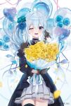  :d artist_request balloon black_dress blue_eyes blue_hair blush bouquet copyright_name dress falling_petals flower gloves hair_between_eyes hair_flower hair_ornament heart_balloon highres holding holding_bouquet lace lace_gloves light_blue_hair long_hair nijisanji official_art one_eye_closed petals rose smile streamers teeth tongue upper_body upper_teeth_only virtual_youtuber yellow_petals yukishiro_mahiro yukishiro_mahiro_(3rd_costume) 