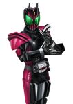  1boy armor asymmetrical_armor backlighting barcode black_armor black_bodysuit bodysuit commentary compound_eyes decadriver driver_(kamen_rider) forehead_jewel green_eyes highres kamen_rider kamen_rider_dcd kamen_rider_decade masukudo_(hamamoto_hikaru) pink_armor rider_belt shoulder_angel shoulder_armor solo standing 