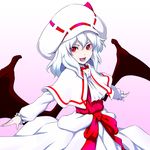  :d alternate_costume bat_wings capelet curiosities_of_lotus_asia hat kentairui looking_at_viewer low_wings open_mouth outstretched_arms pink_background red_eyes remilia_scarlet simple_background slit_pupils smile solo spread_arms touhou v-shaped_eyebrows white_hair wings 