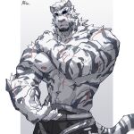 absurd_res arknights arun_six clothed clothing felid hi_res hypergryph male mammal mountain_(arknights) muscular muscular_male nipples pantherine scar simple_background solo studio_montagne tiger topless topless_male white_background