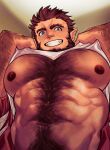  1boy abs bara bare_pectorals beard facial_hair from_below full_beard grin hairy large_pectorals lifted_by_self loboke looking_at_viewer male_focus monster_prom muscular muscular_male navel navel_hair nipple_hair nipples pectorals scott_howl seductive_smile smile solo stomach thick_arm_hair thick_beard thick_chest_hair thick_eyebrows upper_body very_hairy werewolf wolf_boy 