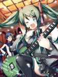  1girl bad_id bad_pixiv_id bare_shoulders detached_sleeves fang guitar hatsune_miku instrument kaito long_hair mishima_kurone necktie one_eye_closed ore_no_imouto_ga_konna_ni_kawaii_wake_ga_nai parody thighhighs twintails very_long_hair vocaloid 