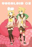  1girl aqua_eyes blonde_hair brother_and_sister hair_ornament hair_ribbon hairclip kagamine_len kagamine_rin matsyumaro necktie pillow ribbon short_hair siblings thighhighs twins vocaloid yellow_neckwear 