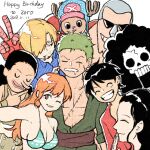  2girls 6+boys ^_^ afro antlers bikini black_hair blonde_hair brook_(one_piece) cigarette closed_eyes commentary curly_eyebrows cyborg facial_hair franky_(one_piece) goatee green_hair green_kimono hair_over_one_eye happy_birthday hat horns japanese_clothes kimono koshikun long_hair long_nose monkey_d._luffy multiple_boys multiple_girls nami_(one_piece) nico_robin one_piece orange_headwear profile reindeer_antlers roronoa_zoro sanji_(one_piece) sash scar scar_on_chest scar_on_face short_hair skeleton smile sunglasses swimsuit tony_tony_chopper usopp v-shaped_eyebrows 