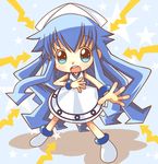  blue_eyes blue_hair chibi dress hat hiyopuko ikamusume long_hair shinryaku!_ikamusume solo 