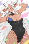  1girl animal_ears ass_visible_through_thighs bare_shoulders black_bow black_bowtie black_leotard boku_no_hero_academia bow bowtie breasts cleavage confetti covered_abs covered_navel dark-skinned_female dark_skin detached_collar double_v grid_background guchapin highleg highleg_leotard highres large_breasts leotard long_eyelashes long_hair looking_at_viewer mirko parted_bangs playboy_bunny rabbit_ears rabbit_girl red_eyes smile solo thick_thighs thigh_gap thighs toned v v_over_eye very_long_hair white_hair wrist_cuffs 