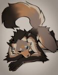 2024 black_body black_fur blue_sclera brown_body brown_fur canid canine digital_media_(artwork) dipstick_ears falvie fur grey_body grey_fur heterochromia hi_res mammal markings multicolored_ears nude signature simple_background tan_body tan_fur yellow_sclera