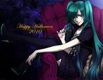  2010 alcohol boots chimachi cup drinking_glass hair_over_one_eye halloween happy_halloween hatsune_miku long_hair sitting smile solo thigh_boots thighhighs twintails very_long_hair vocaloid wine wine_glass zettai_ryouiki 