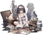  2girls ash_arms bion_(marfusha) book bra breasts briefcase closed_mouth collarbone dog jacket long_hair looking_at_viewer marfusha multiple_girls official_art paper pile_of_books reading shorts sitting small_breasts solo_focus strelka_(marfusha) transparent_background underwear 
