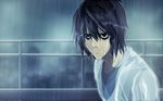  artist_request bags_under_eyes black_eyes black_hair death_note empty_eyes highres l_(death_note) male_focus rain solo wallpaper wet 