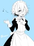  1boy apron bandage_over_one_eye black_dress character_name crossdressing dress hair_between_eyes hand_on_own_chest hand_up light_blue_background looking_at_viewer maid maid_apron maid_headdress male_focus minahoshi_taichi monochrome music musical_note oliver_(vocaloid) open_mouth otoko_no_ko ribbon short_hair sidelocks singing solo vocaloid white_apron 