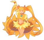  arm_up bad_id bad_pixiv_id blonde_hair bow choker closed_eyes cure_sunshine flower hair_ribbon heart heartcatch_precure! long_hair magical_girl midriff myoudouin_itsuki navel nkki orange_(color) orange_bow orange_choker precure ribbon skirt solo sunflower white_background wrist_cuffs yellow_bow yellow_skirt 