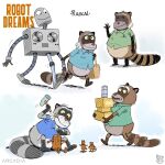 2020 anthro brown_body clothing concept_art daniel_fernandez_casas duo eyes_closed facial_hair grey_body hammer machine male mammal mustache nail official_art procyonid raccoon rascal_(robot_dreams) robot robot_dreams shirt sitting slightly_chubby tools topwear