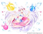  1girl animal_ears ball beachball bow breasts copyright_notice fox_ears fox_girl fox_tail hair_bow heart kai-ri-sei_million_arthur kotepen_2nd long_hair million_arthur_(series) multiple_tails navel official_art pink_bow red_eyes simple_background solo swim_ring swimsuit tail thighhighs very_long_hair white_background white_hair white_thighhighs 