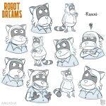 2020 angry anthro biped clothing concept_art daniel_fernandez_casas eyes_closed humanoid_hands male mammal model_sheet official_art procyonid raccoon rascal_(robot_dreams) robot_dreams shirt simple_background sitting slightly_chubby solo topwear