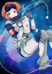  1girl :o absurdres animification apex_legends black_gloves blue_eyes boots floating gloves highres holding horizon_(apex_legends) kansaibito looking_at_viewer open_mouth orange_hair planet short_hair solo space spacesuit star_(sky) 