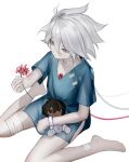  1boy aged_down arjuna_(fate) bandaged_leg bandages bandaid bandaid_on_leg bandaid_on_neck barefoot blue_eyes character_doll child fate/grand_order fate_(series) flower from_above full_body hair_between_eyes holding holding_flower hospital_band hospital_gown karna_(fate) looking_at_flowers male_focus no_mouth pale_skin red_flower short_hair sitting solo spider_lily tokaoioi1 white_background white_hair wire 