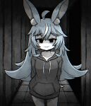  1girl ahoge animal_ear_fluff animal_ears arms_behind_back black_hoodie blank_eyes blue_hair colored_skin commentary hashtag_only_commentary hood hoodie indie_virtual_youtuber long_hair morebreasts multicolored_hair nanobites rabbit_ears shaded_face solo streaked_hair tearing_up tears trembling two-tone_hair vignetting virtual_youtuber white_hair white_skin 