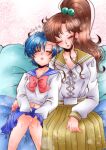  2girls bishoujo_senshi_sailor_moon blue_hair blue_sailor_collar blue_skirt bow bowtie breasts brown_hair cleavage green_sailor_collar green_skirt hair_bobbles hair_ornament highres juuban_middle_school_uniform kino_makoto kino_makoto&#039;s_school_uniform lips midriff_peek mizuno_ami multiple_girls navel red_bow red_bowtie sailor_collar school_uniform serafuku skirt sleeping supernova24_24 