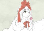  1girl bow byahap candy food front_ponytail green_eyes grey_background hair_bow hair_ribbon holding holding_candy holding_food holding_lollipop kagiyama_hina lollipop monochrome one_eye_closed open_mouth puffy_sleeves red_bow red_ribbon ribbon solo spot_color tongue tongue_out touhou upper_body 