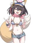  1girl ;d animal_ears black_hair blue_archive blue_shorts denim denim_shorts double_fox_shadow_puppet fang fox_ears fox_girl fox_shadow_puppet fox_tail highres izuna_(blue_archive) izuna_(swimsuit)_(blue_archive) looking_at_viewer official_alternate_costume one_eye_closed red_scarf scarf short_hair short_shorts shorts simple_background skin_fang smile solo tail tamaya visor_cap white_background yellow_eyes 