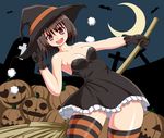  bad_id bad_pixiv_id breasts broom brown_hair gloves halloween hat jack-o'-lantern looking_at_viewer medium_breasts nakaya open_mouth pumpkin red_eyes shameimaru_aya short_hair smile solo striped striped_legwear thick_thighs thighhighs thighs touhou witch_hat 