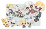  ! +++ ... 2boys ? arrow_(symbol) backpack bag bandaid bandaid_on_ear bandaid_on_leg blonde_hair blue_bag blue_footwear border brown_footwear closed_eyes cross-laced_footwear dirt dirty dirty_clothes green_eyes grey_background grey_pants ink_tank_(splatoon) inkling_boy inkling_player_character medium_hair multiple_boys multiple_views on_grass open_mouth outside_border pants pointy_ears purple_eyes raised_eyebrows running sharp_teeth shirt shoes short_hair short_ponytail shorts simple_background sitting sleeves_past_fingers sleeves_past_wrists smile speech_bubble spl8ya splatoon_(series) spoken_ellipsis standing sweat teeth tentacle_hair thick_eyebrows upper_teeth_only white_border white_hair white_shirt white_shorts x 