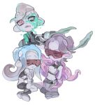  1boy 2girls arm_behind_back black_shorts blue_hair breasts crack gradient_hair grey_hair groin long_hair multicolored_hair multiple_girls navel octoling_boy octoling_girl octoling_player_character octoshot_(splatoon) open_mouth purple_hair red-framed_eyewear red-tinted_eyewear red_eyes sanitized_(splatoon) short_hair shorts simple_background sitting small_breasts spl8ya splatoon_(series) splatoon_2 splatoon_2:_octo_expansion splattershot_(splatoon) sweat teeth tentacle_hair tentacles thick_eyebrows tinted_eyewear two-tone_hair white_background 