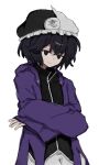  1other androgynous black_eyes black_hair black_headwear black_shirt closed_mouth coat crossed_arms frilled_hat frills hat len&#039;en long_sleeves needless_(toyaco) open_clothes open_coat other_focus purple_coat shirt shitodo_kuroji short_hair simple_background smile solo triangular_headpiece white_background wide_sleeves 