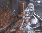  alternate_costume bad_id bad_pixiv_id bat_wings blood blueman braid cloud dress elbow_gloves gloves hat highres izayoi_sakuya looking_at_viewer maid maid_headdress moon multiple_girls red_eyes remilia_scarlet short_hair silver_hair stairs touhou twin_braids wings 