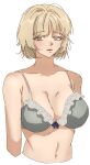  1girl 44baby44 blonde_hair bra breasts brown_eyes commentary_request cropped_torso dungeon_meshi expressionless frilled_bra frills grey_bra highres large_breasts looking_at_viewer marcille_donato parted_lips short_hair simple_background solo underwear upper_body white_background 