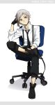  1boy absurdres black_gloves bungou_stray_dogs chair closed_mouth figure_four_sitting full_body gloves grey_hair hand_on_own_head highres mari_(marimaripink) nakajima_atsushi_(bungou_stray_dogs) shirt solo twitter_username white_shirt yellow_eyes 