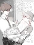  2boys alternate_costume alternate_universe backwards_hat black_pants chinese_commentary commentary_request door doorway dress_shirt english_text eyunle34567 food formal gift_art happy_birthday hat highres holding holding_food holding_pizza jounouchi_katsuya kaiba_seto leaning_back looking_at_another male_focus monochrome multiple_boys necktie open_mouth pants pizza pizza_box pizza_delivery pointing pointing_down screentones serious shirt short_hair short_sleeves signature spot_color standing surprised uniform upper_body yu-gi-oh! yu-gi-oh!_duel_monsters 