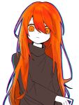  1girl a.i._voice adachi_rei alternate_hair_length alternate_hairstyle brown_shirt chromatic_aberration closed_mouth colored_skin constricted_pupils frown hair_between_eyes hashtag_only_commentary long_hair long_sleeves looking_at_viewer orange_eyes orange_hair shiroi_(shirooi_0002) shirt simple_background solo turtleneck upper_body utau white_background white_skin 