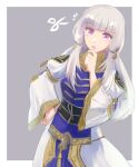  1girl fire_emblem fire_emblem:_three_houses fire_emblem_warriors:_three_hopes grey_background hand_on_own_chin highres long_hair long_sleeves looking_at_viewer lysithea_von_ordelia official_alternate_costume official_alternate_hairstyle puffy_sleeves purple_eyes sanami simple_background solo upper_body very_long_hair white_hair 