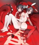  2girls absurdres ass bare_shoulders black_hair breasts bun_cover character_request china_dress chinese_clothes closed_mouth commentary copyright_request double-parted_bangs dragon_print dragon_tail dress elbow_gloves feet fur_collar gloves gold_trim grey_eyes hair_bun highres knees_up legs looking_at_viewer medium_breasts multiple_girls parted_bangs print_dress prossss red_background red_tail red_thighhighs revealing_clothes shiny_skin short_hair sideless_dress small_breasts soles stirrup_legwear symbol-only_commentary tail thighhighs thighs toeless_legwear toes white_thighhighs 