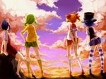  blue_hair boots clouds green_hair hat orange_hair original purple_hair ribbons see_through seifuku sky thigh-highs 