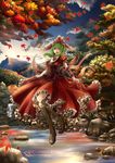  arm_ribbon autumn autumn_leaves boots bow corset cross-laced_footwear dress floating frills front_ponytail gathers green_eyes green_hair hair_bow hair_ribbon kagiyama_hina lace-up_boots leaf maple_leaf ribbon ripples short_hair solo stream sunset touhou water yorubehakiete_tenohiragaeshi 