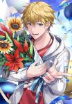  1boy balloon blonde_hair blue_eyes blue_ribbon bouquet cloud confetti copyright_name earrings ex_albio ex_albio_(2nd_costume) flower holding holding_bouquet hood hoodie jewelry kurosakiinu looking_back male_focus necklace nijisanji official_alternate_costume official_art outdoors red_flower red_shirt ribbon sample_watermark shirt single_earring sky solo streamers sunflower t-shirt teeth tongue virtual_youtuber watermark white_hoodie 