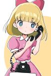  1girl ahoge antique_phone bow child detesu dress hair_bow long_hair looking_at_viewer mother_(game) mother_2 paula_(mother_2) phone pink_dress rotary_phone short_hair short_sleeves solo upper_body 