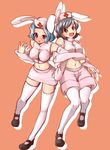  animal_ears bad_id bad_pixiv_id black_hair blue_eyes blue_hair blush bunny_ears crop_top full-face_blush hat impossible_clothes impossible_shirt kumoi_ichirin mary_janes midriff miniskirt multiple_girls murasa_minamitsu naka_akira navel nurse nurse_cap shirt shoes short_hair simple_background skirt thighhighs touhou white_legwear yellow_eyes 