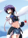  azumaya_hironaru blue_eyes blue_hair denim denim_shorts drink fingerless_gloves food gloves hamburger headband lyrical_nanoha mahou_shoujo_lyrical_nanoha_strikers short_hair shorts solo subaru_nakajima 