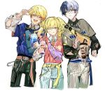  1girl 2boys aoyagi_touya bespectacled black_pants blonde_hair blue_hair blue_pants brother_and_sister closed_mouth cup fanny_pack glasses hipster_walk_(project_sekai) holding holding_cup long_hair long_sleeves looking_at_viewer multicolored_hair multiple_boys pants pink_eyes pink_sweater project_sekai puffy_long_sleeves puffy_sleeves pyongtaro shirt siblings smile split-color_hair sweater tenma_saki tenma_tsukasa twintails white_pants white_shirt yellow_eyes 