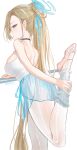  1girl asuna_(blue_archive) bare_back bare_shoulders black_choker blonde_hair blue_archive blue_eyes blue_ribbon blue_skirt breasts camisole choker commentary hair_ribbon haruri highres large_breasts long_hair looking_at_viewer pants pantyhose ribbon skindentation skirt smile solo spaghetti_strap standing thighs very_long_hair white_pantyhose 