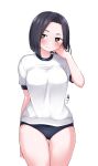  1girl black_hair blue_buruma blush boku_no_kokoro_no_yabai_yatsu breasts brown_eyes buruma cowboy_shot gym_shirt gym_uniform hand_in_own_hair highres jacket large_breasts looking_at_viewer mature_female shirt signature simple_background solo thigh_gap track_jacket white_background white_shirt yamada_sanae_(bokuyaba) zeroasann 