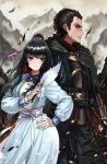 1boy 1girl armor black_cloak black_hair chinese_clothes cloak contrapposto cover feather_fan from_side gauntlets gemi_ningen hair_ribbon hand_on_own_hip hanfu highres holding holding_polearm holding_weapon jeon_ho jin_soyeon looking_at_another looking_to_the_side mountain player_na_wa polearm profile red_eyes ribbon scar sidelocks standing topknot waist_sash weapon 
